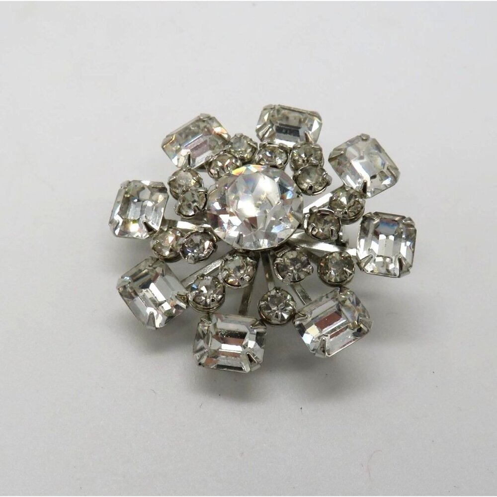 Vintage Rhinestone Brooch 1.5" Silver Tone Clear Round Square Stones Floral Pin